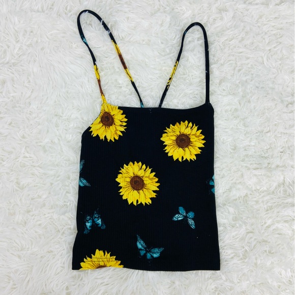 NWOT RUE 21 black ribbed sunflower & butterfly lace up back cropped top SZ small - Picture 3 of 15